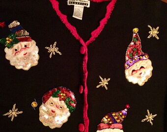 Fabulous Ugly Christmas Sweater, Sequence and Beaded Santas, Very Tacky Vintage Knit, Woman's Size Medium-Large, Clean!