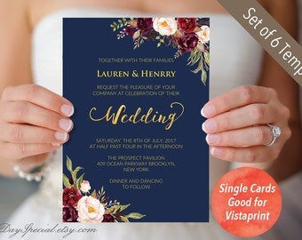 4 Double sided Navy Wedding Invitation Set Templates, Printable Burgundy Floral Gold foil Invites Suite, Fits Vistaprint, PDF Download #109
