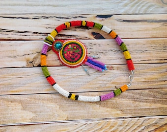 Colorful necklace, red statement necklace, embroidery necklaces