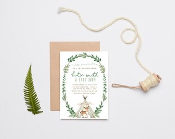 Deer Baby Shower Invitation Boy, Woodland, Teepee, Printable Invite (826)