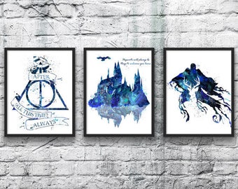 Harry Potter Watercolor Set 3, Hogwarts Castle, Deathly Hallows, Dementor, Movie Poster, Kids Room Decor, Wall Art, Home Decor, Nursery Art