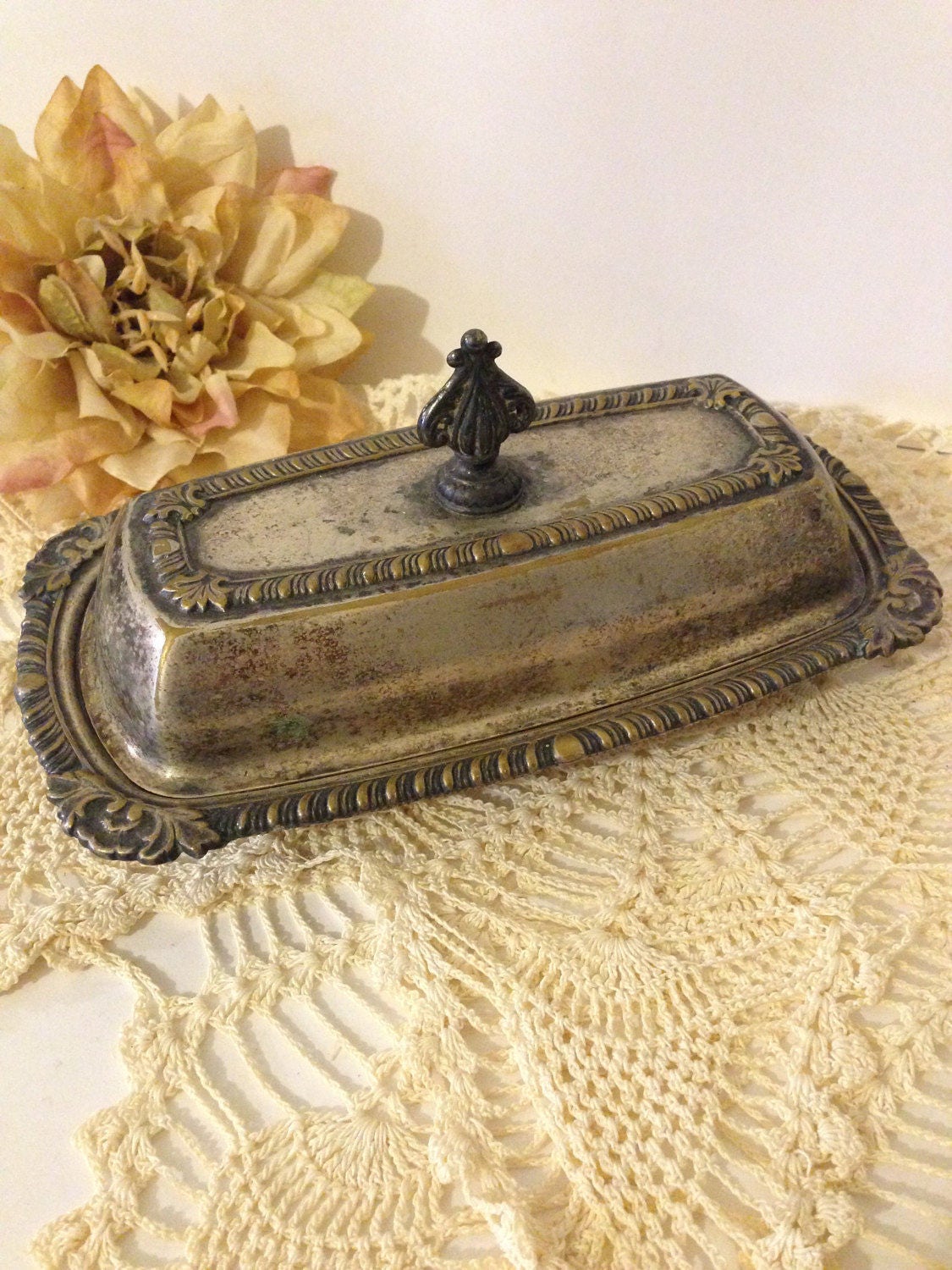 Vintage Silver Butter Dish Lidded Ornate Trim Tarnished