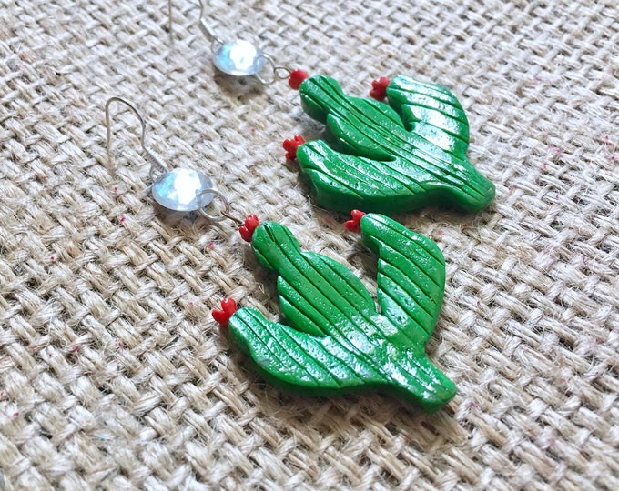 Cactus Earrings, Boho Cactus Earrings, Crystal Cactus Drops, Wood Cactus Drops, Crystal Earrings, Cowgirl Earrings, Vintage Cactus Drops