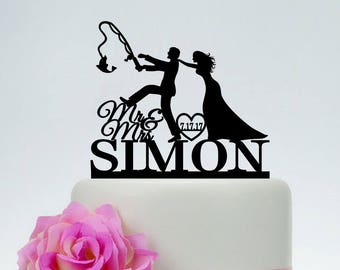 Fishing Cake Topper,Funny Cake Topper, Custom Cake Topper,Mr and Mrs Cake Topper, Fishing Themed Wedding, Outdoor Wedding C198