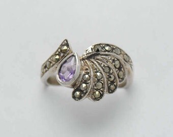 Vintage ring - amethyst ring - silver ring - marcasite ring - woman ring