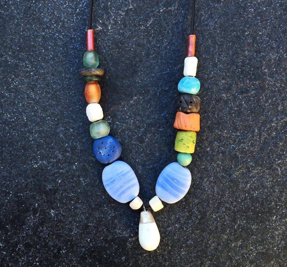 Colourful ceramic pendant necklace w/ porcelain/ terracotta/