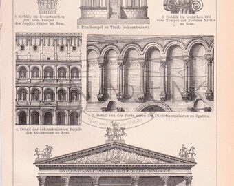 Antique Print of Ancient Roman Architecture and sculpture from 1890.