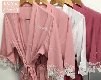 Bridesmaid Cotton Lace Robes 6, Bridal Party Cotton Robes, Monogram Robes, Lace Kimono Robes, Embroider Bridesmaid Gifts, Wedding Robes