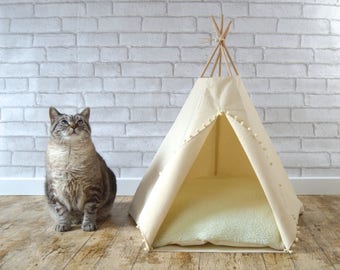 Cat bed Cat teepee Dog teepee with cushion - ivory solid - pompom trim - Pet tent
