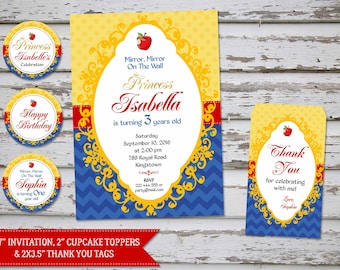 Snow White invitation, Snow White Thank You Card, Snow White party, Snow White Birthday Invite, Snow White favor tags, Snow White toppers