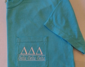 Greek Shirt, Delta Delta Delta, Tri Delta, TriDelta, Greek Letter shirt, Pocket T Shirt, Monogrammed Pocket T, Personalized T Shirt