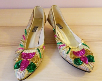 Vintage 80s Sparkling Sequined Kitten Heels - Size US 5.5/UK 3.5/EU 36