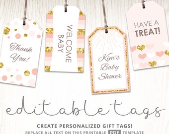 Pink and gold gift tags, editable party favor tags, printable tags, thank you tags, baby shower ideas, baby shower party props, DIGITAL
