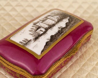 Sevres antique hand painted French porcelain jewelry box, dresser trinket casket, gold, gilt, bronze hinged lid, landscape, french France