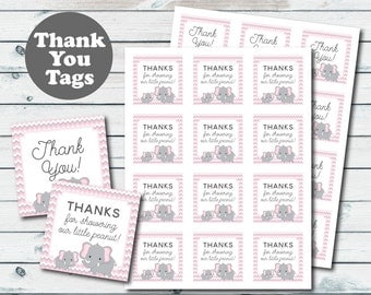 Pink Elephant Baby Shower Favor Tags, Elephant Printable Thank You Tags, Baby Shower Thank You Tags, Pink And Grey Elephant Party Favors