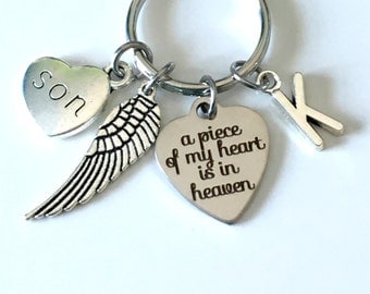 SALE Memorial Key Chain with Wing Charm, A piece of my heart is in Heaven Sympathy Gift Keychain Loss of Mom Dad Son Daughter Husband Wife