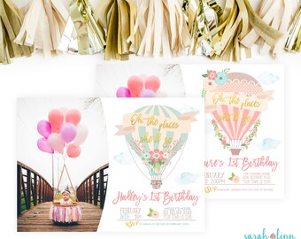 The Places She'll Go Hot Air Balloon Birthday Photo Invitation, First Birthday Hot Air Balloon Party, Pink Gold Balloon Invitation Printable