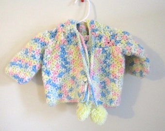 3-6 Mos - Easter Yellow, Pink and Blue Knitted Cable Granny Sweater Cardigan, Handmade Knit Sweater with Booties Shoes, Baby Shower Gift