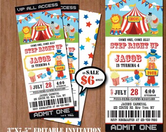 CIRCUS Birthday Invitation-SELF-EDITING Carnival invitation--Circus Party-Carnival Party Ticket Invite-Carnival Birthday Ticket Invitation
