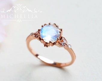 Vintage Moonstone Floral Engagement Ring in 14k or 18K Solid Gold, Art Nouveau Moonstone Laurel Leaf Ring, Blue Moonstone, Rose White Gold