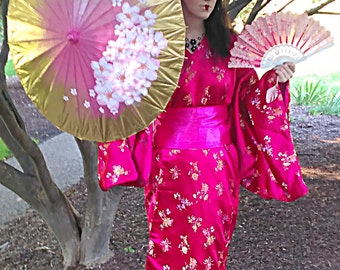 Hand Made Modern Double Layered Silky Rose Pink Kimono With Matching Wood Geta Shoes,Pink and Gold Fan,Sake Set/Sushi Plate