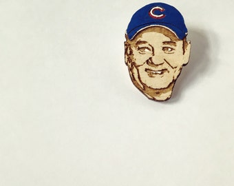 Bill Murray Chicago Cubs Fan Lapel Pin, World Series Commemorative Wood Hat Pin, Hand-Painted Wooden Brooch or Magnet