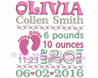 Birth announcement embroidery design - Baby birth template machine embroidery - Baby feet embroidery design - Machine embroidery - Girl -Boy