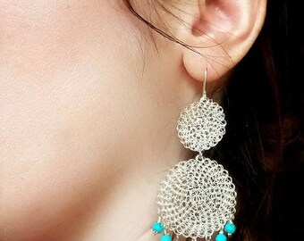 Crochet earrings, dangle earrings, silver, turquoise, boho, beaded, crochet jewelry, statement, hippie, bohemian, handmade, crocheted