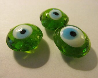 Lime Geen Evil Eye Glass Beads, 15mm, Set of 3