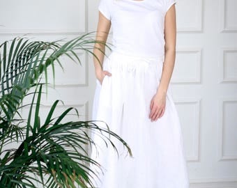 Linen midi skirt, white drawstring midi linen skirt, linen a line skirt