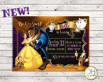 Beauty and the beast birthday invitations, beauty and the beast invitations, princess beauty, princess belle invitations, princess belle