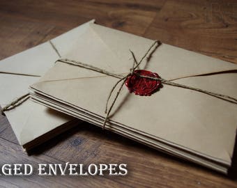 Aged paper envelopes, distressed envelopes for wedding invitations, parchment envelope with sealing wax stamp, blank and stamped, handmade.