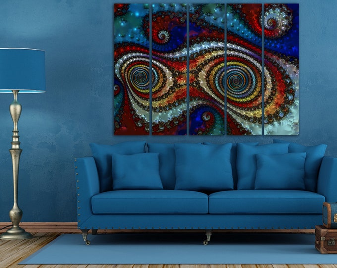 Large blue and red multipanel psychedelic fractal art print, fractal art print, psychedelic decor, abstract wall art canvas
