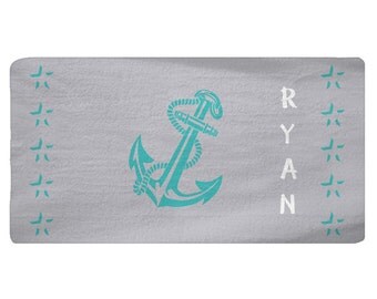 Grey, Teal Anchor Area Rug Personalized, Nautical Rug, Custom Area Rug, Fuzzy, Nautical Mat, Anchor Rug, Name, Monogram, Nursery Rug - SALE