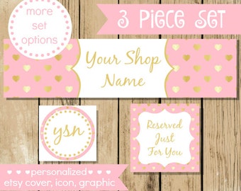 Premade Etsy Shop Set - Pink Gold Hearts Etsy Set - Etsy Banner - Etsy Shop Set - Etsy Shop Graphics - Light Pink - Gold Foil Heart Shop Set