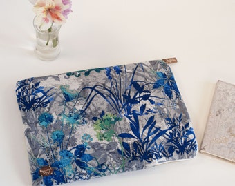 Gold Accents Wildflower Laptop Sleeve with Brass Zipper in Grey, Blue & Purple