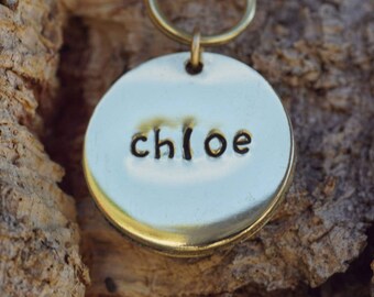 Hand stamped dog tag, 7/8 inch brass pet tag, brass cat ID tag, polished dog ID tag, small dog tag, cat tag, brass pet tag, tag silencer