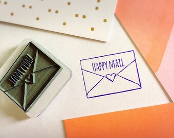 Happy Mail Stamp ~ pretty packaging rubber stamp, snail mail, pen pal, post crossing, kawaii stationery, heart envelope, Valentine's, love