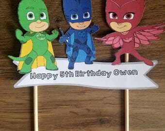 Pj masks custom birthday cake topper with name and age. Pj masks birthday decor