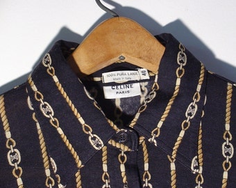 Vintage Women's Blouse Celine Paris Italian Size Small Size 40 1970's Horsebit Chain Pattern Rare
