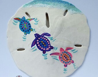 HAND PAINTED Sea Turtle Hatchlings Coastal Christmas Tree Ornament- Real Florida Sand Dollar Ornament, Sanddollar Sea Turtle Art, Home Decor
