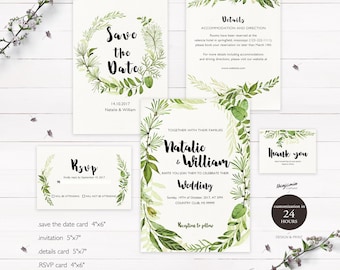 Printable Wedding Invitation Set Watercolor Branches Wedding Invites set Instant Wedding Invitation Template Set Wedding Invite Set