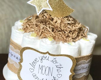 Twinkle Diaper Cake, Love You To The Moon And Back Baby Shower Centerpiece Decor, Gender Neutral, Baby Shower Gift, Gold Moon Star, 1 Tier