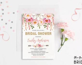 Pink and Gold Floral Bridal Shower Invitation. Bohemian Pink Watercolor Flowers. Boho Engagement Invite. Feathers. Dream Catcher. FLO12A