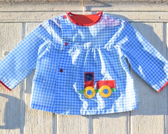 Vintage / baby / Blouse, apron / edging blue gingham red / locomotive pattern