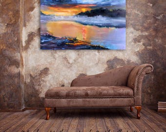 original painting landscape art river print blue orange home decor gift husband wedding gift for couple fog art bedroom wall picture й5