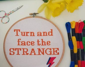 CROSS STITCH KIT | David Bowie cross stitch kit featuring the lyrics 'Turn and face the strange'