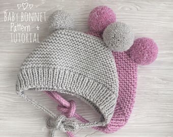 Baby bonnet pattern PDF| Knitted Bonnet Pattern | Bonnet with pompoms | Knitting pattern digital download