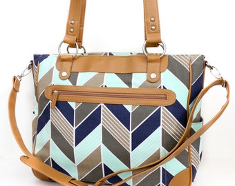 Laptop Camera Bag - Navy and Mint Herringbone - Laptop Tote - Womens Laptop Satchel - Canvas and Vegan Leather