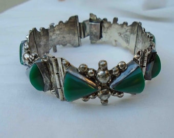 Vintage Forties Chunky Mid Century Sterling Silver and Green Onyx Cuff Bracelet / Made in Mexico / Signed ACE